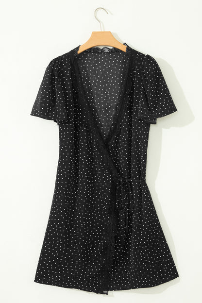 Polka Dot Lace Trim Wrap Mini Dress