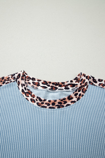 Leopard Trim Corded Knit Top & Shorts Set