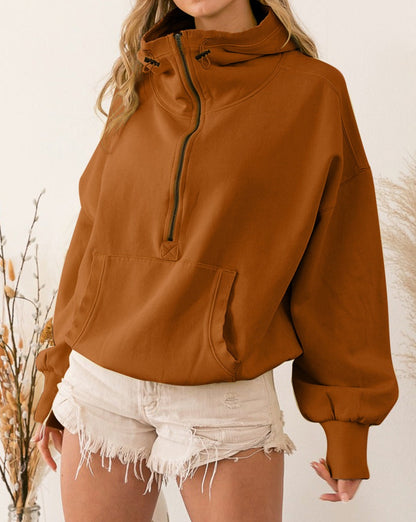 Drawstring Waist Zipped Hoodie w/Pocket