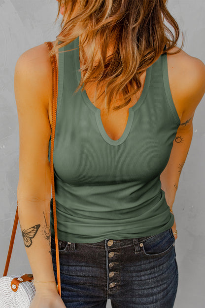 Ribbed Split V-Neck Tank Top