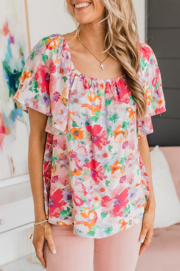 Watercolor Floral Fluttery Sleeve Blouse