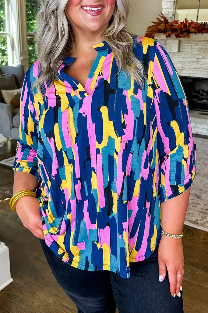 Abstract 3/4 Sleeve Blouse Plus Size