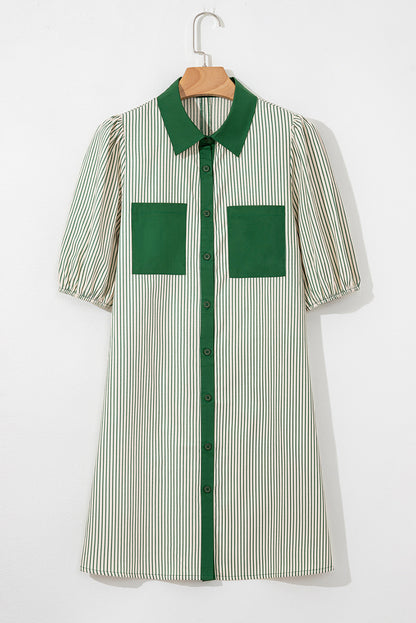 Stripe Patchwork Chest Pocket Mini Shirt Dress