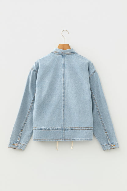 Light Wash Denim Drawstring Hem Buttoned Jacket