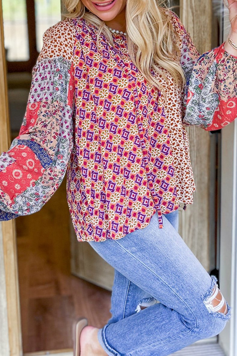 Floral Patchwork Tied V-Neck Blouse