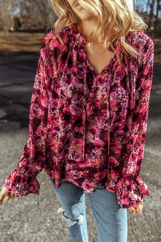 Floral Drawstring Ruffle V-Neck Blouse