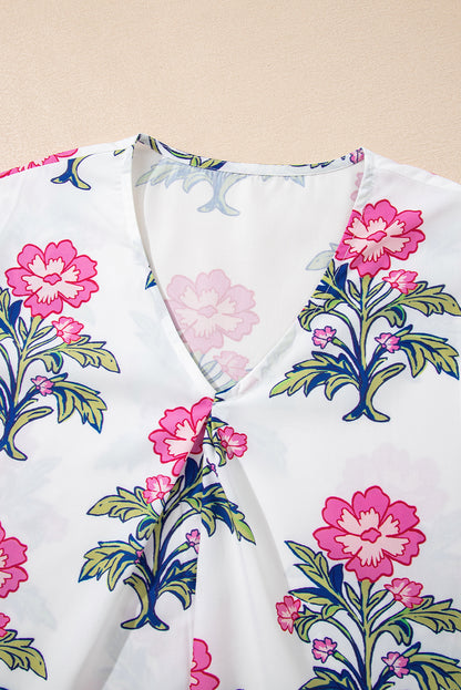 Floral Colorblock Stripe Knot Bubble Sleeve Blouse