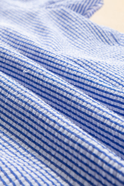 Stripe Crochet Square Neck Textured Ruffle Sleeve Blouse