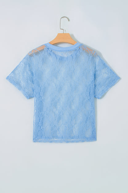 Solid Sheer Lace Short Sleeve Boxy Tee
