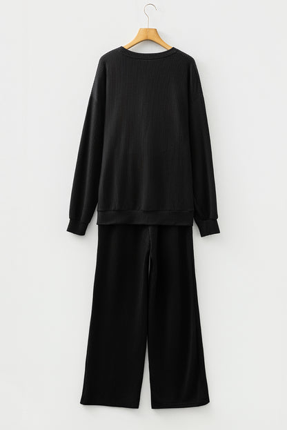 Christmas Letter Print Corded Knit Top & Pants Set
