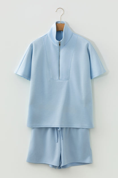 Solid Half Zip Sweatshirt and Shorts Set
