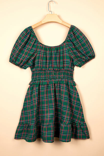 Plaid Shirred Scoop Neck Short Sleeve Mini Dress