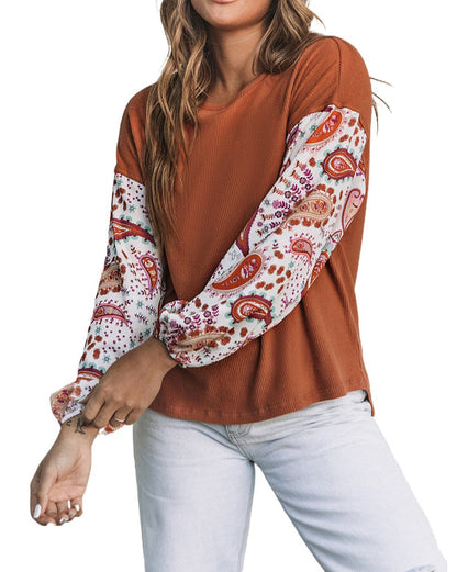 Paisley Bubble Sleeve Ribbed Top