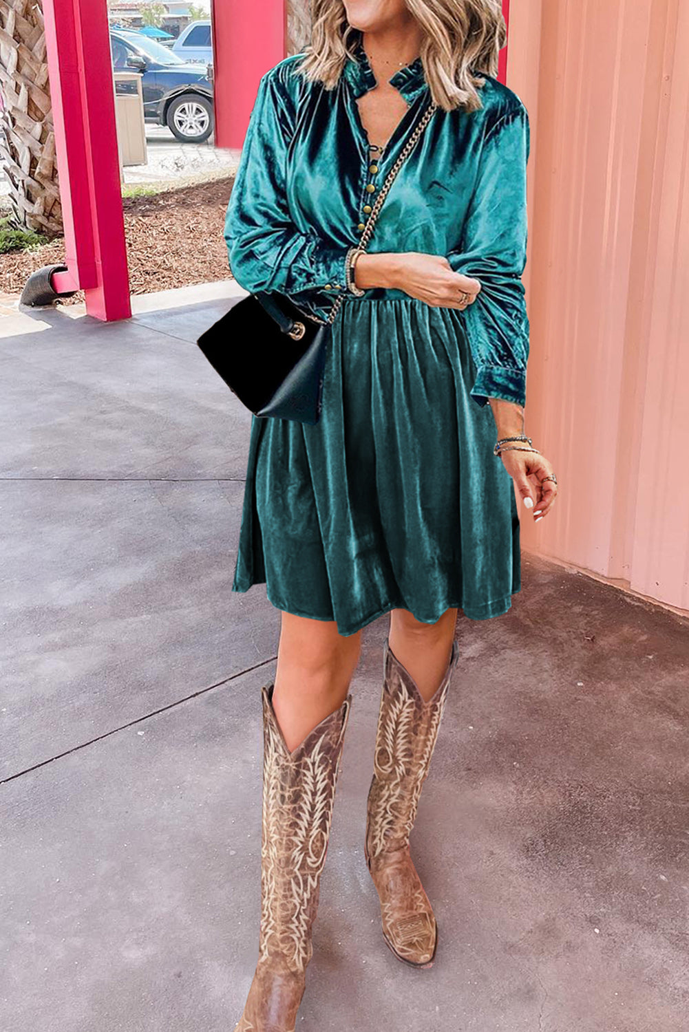 Velvet Frilled Long Sleeve Dress