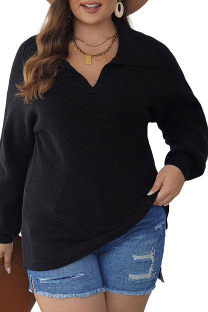 Plus Size Ribbed Collared V-Neck Sweater