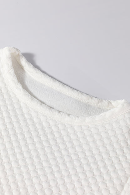 Solid Textured Round Neck Puff Sleeve Blouse