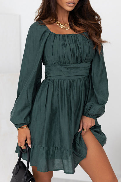 Ruched Square Neck Puff Sleeve Dress