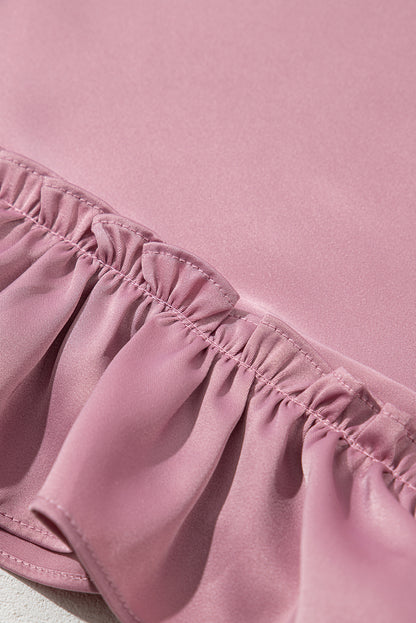 Solid Satin Ruffle Short Sleeve V-Neck Top