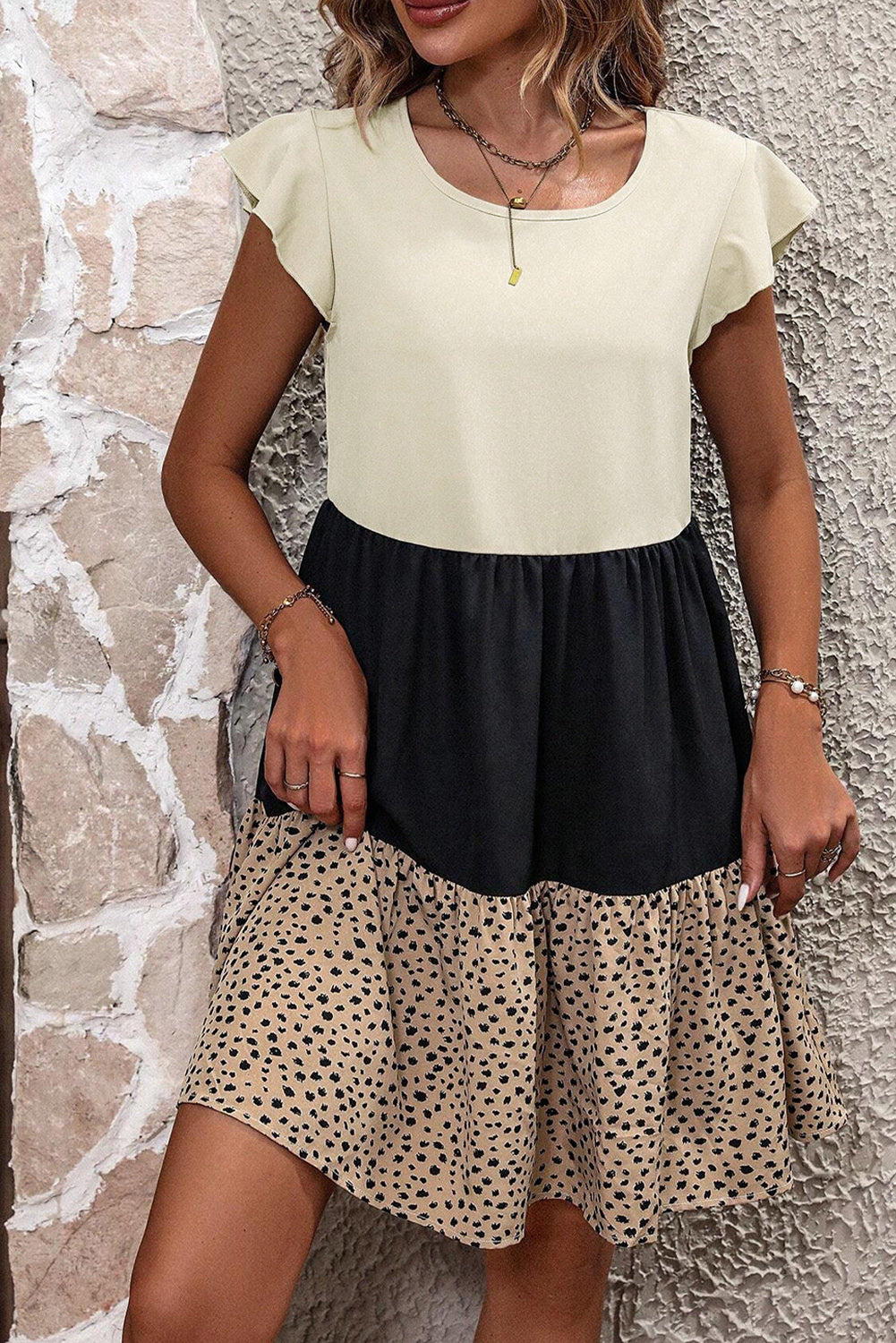 Dotted Colorblock Ruffle Hem Dress