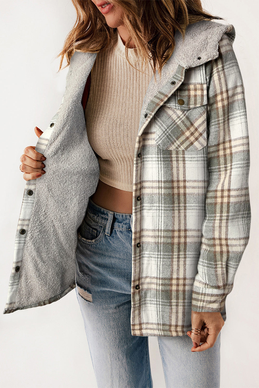 Plaid Sherpa Lined Hooded Shacket