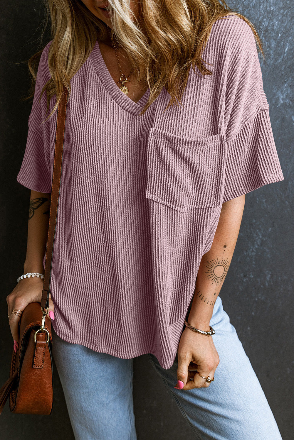 Corded Short Sleeve Pocketed T-Shirt