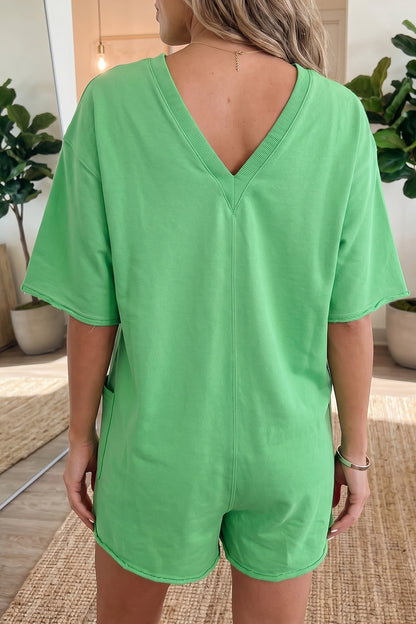Solid Raw Edge 3/4 Sleeve Pocketed Loose Romper