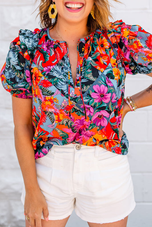 Floral Ruffle Bubble Sleeve Blouse