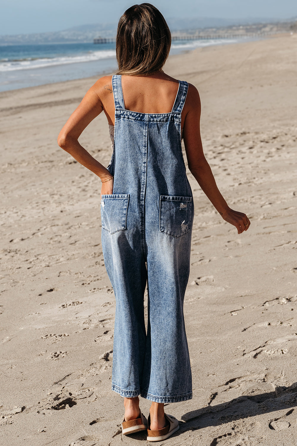 Solid Denim Distressed Bib Pocket Wide Leg Overall