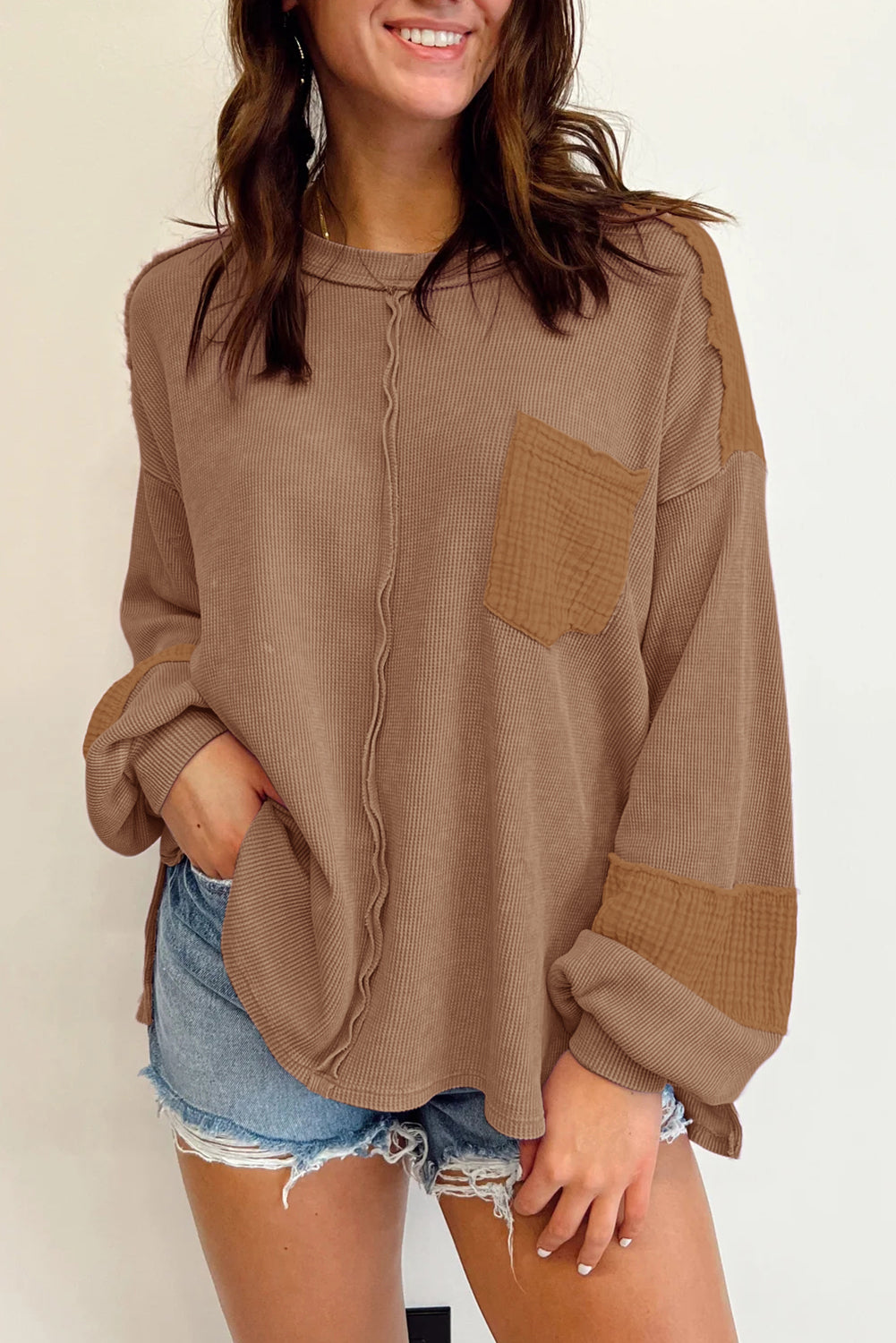 Patchwork Gauze Exposed Seam Waffle Top