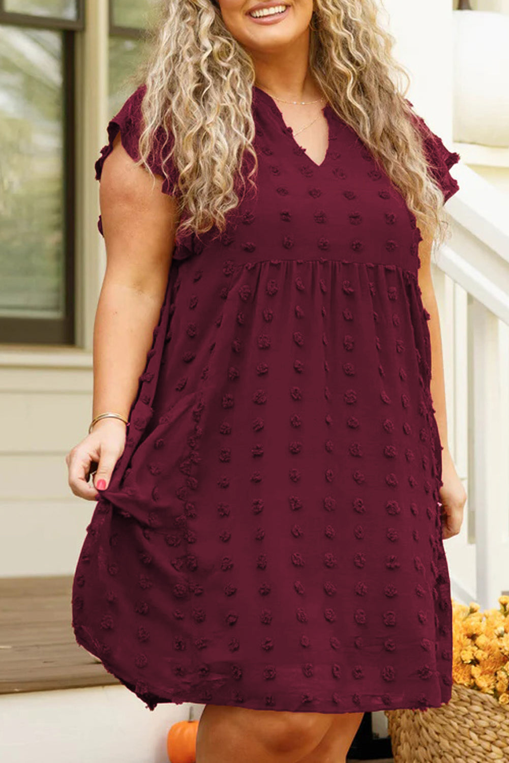 Swiss Dot Flutter Sleeve Dress Plus Size