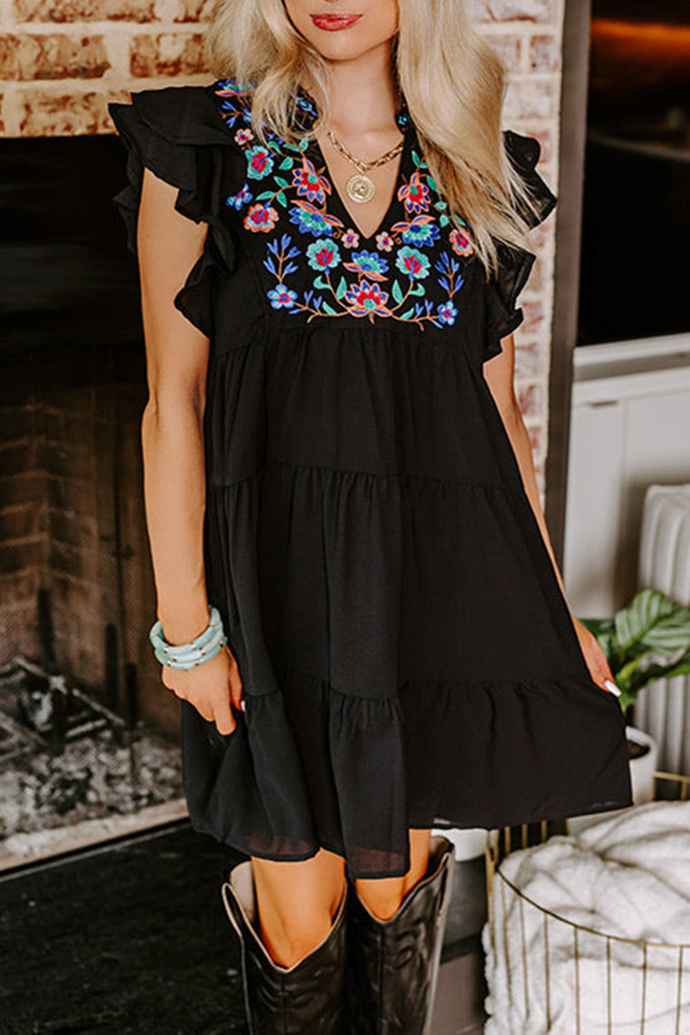 Floral Embroidered Tiered Mini Dress