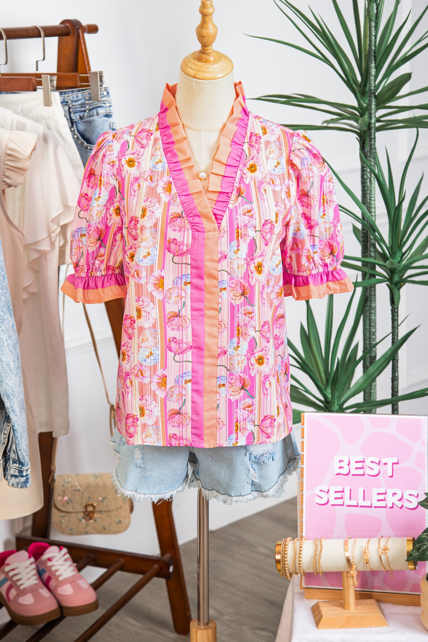 Floral Poppy Stripe Colorblock V-Neck Short Sleeve Blouse