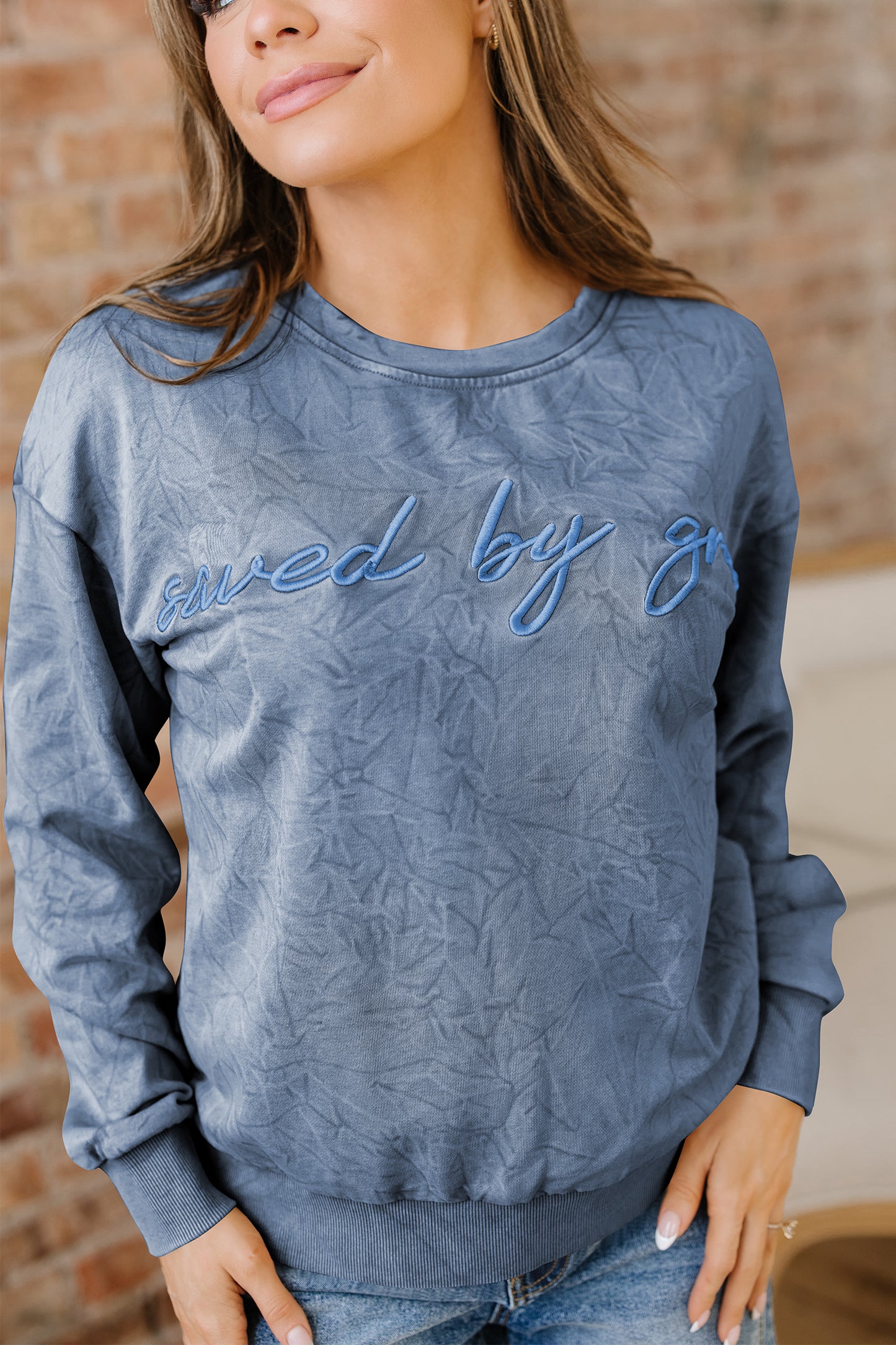 Saved by Grace Embroidered Mineral Wash Loose Sweatshirt
