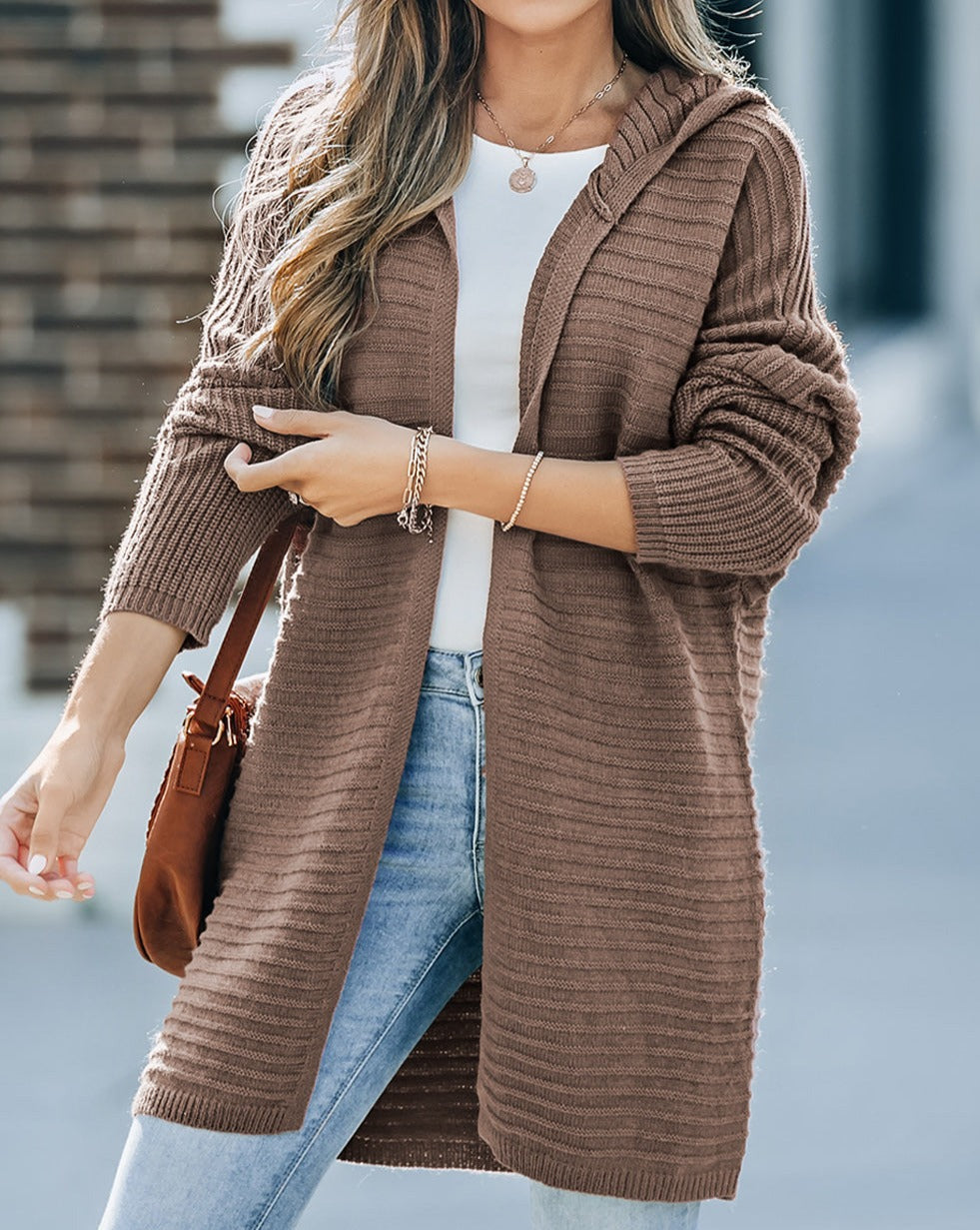 Ribbed Open Front Hooded Cardigan