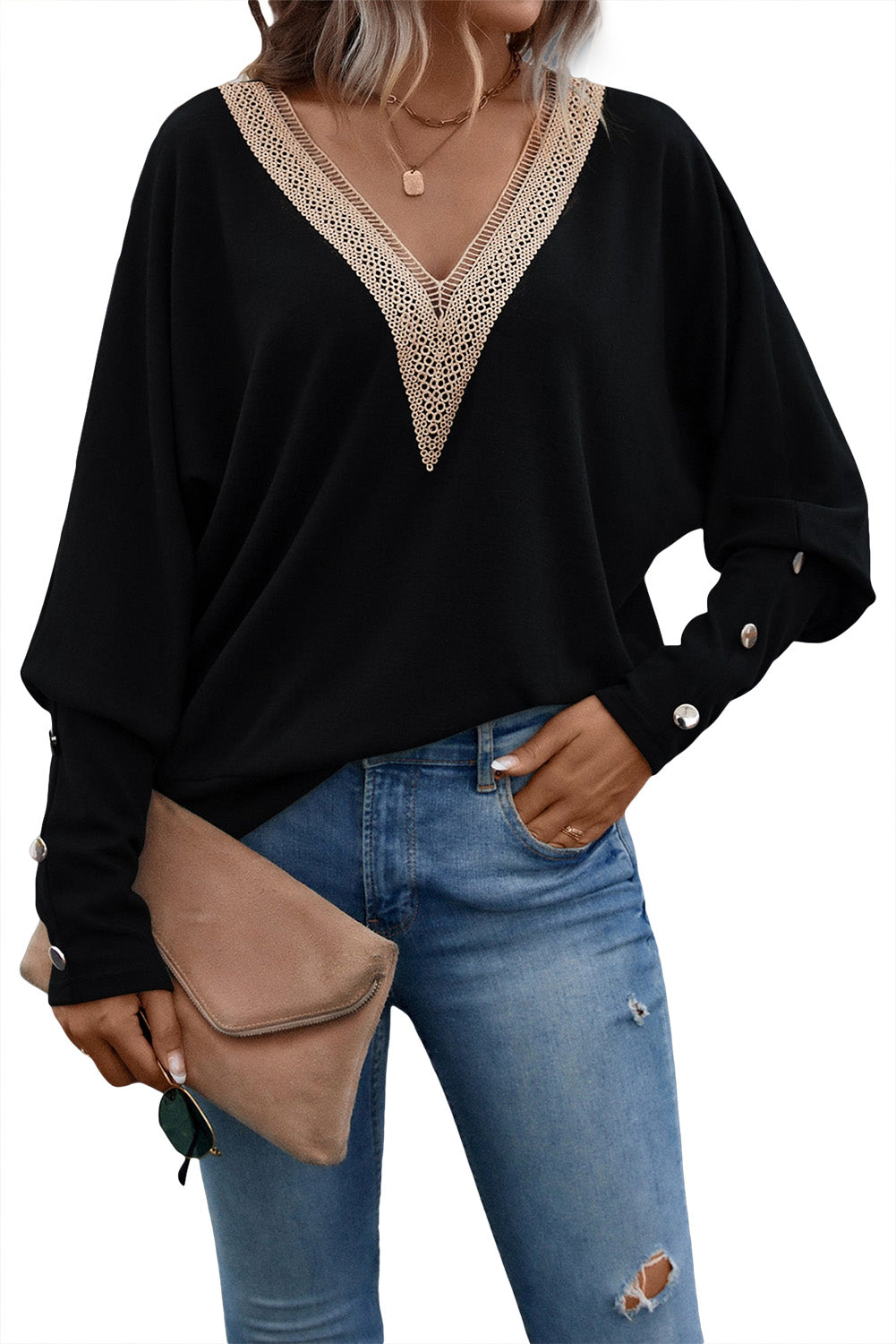 Lace V-Neck Bishop Sleeve Top