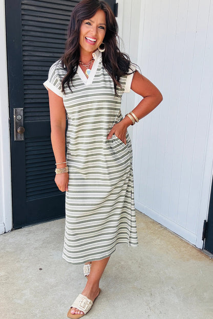 Stripe Collared V-Neck Short Sleeve Midi Dress