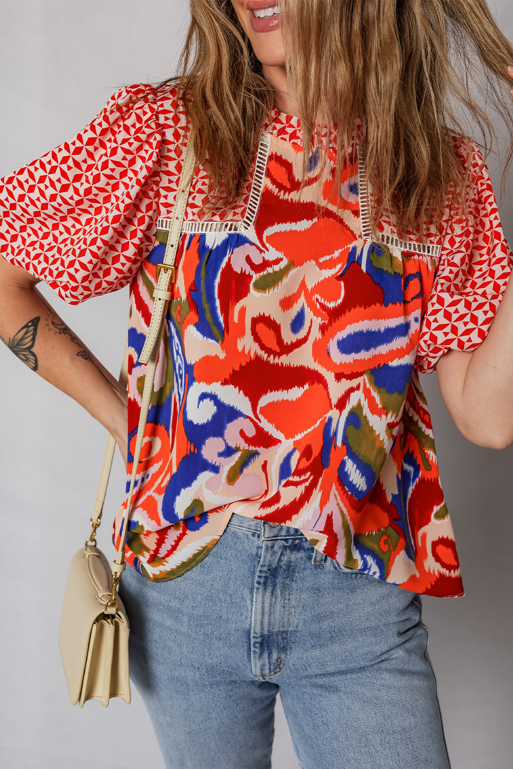 Paisley Geometric Patchwork Puff Sleeve Blouse