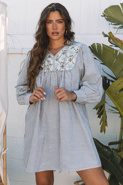 Stripe Floral Patchwork Tied V-Neck Mini Dress