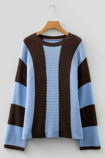 Stripe Colorblock Thermal Textured Knit Drop Shoulder Sweater