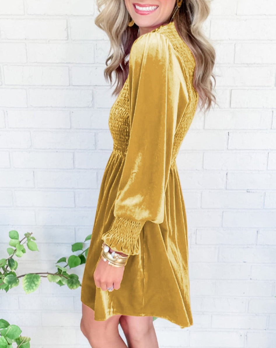 Velvet Smocked Puff Sleeve Dress