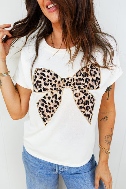 Leopard Bow Embroidered Short Sleeve T-Shirt