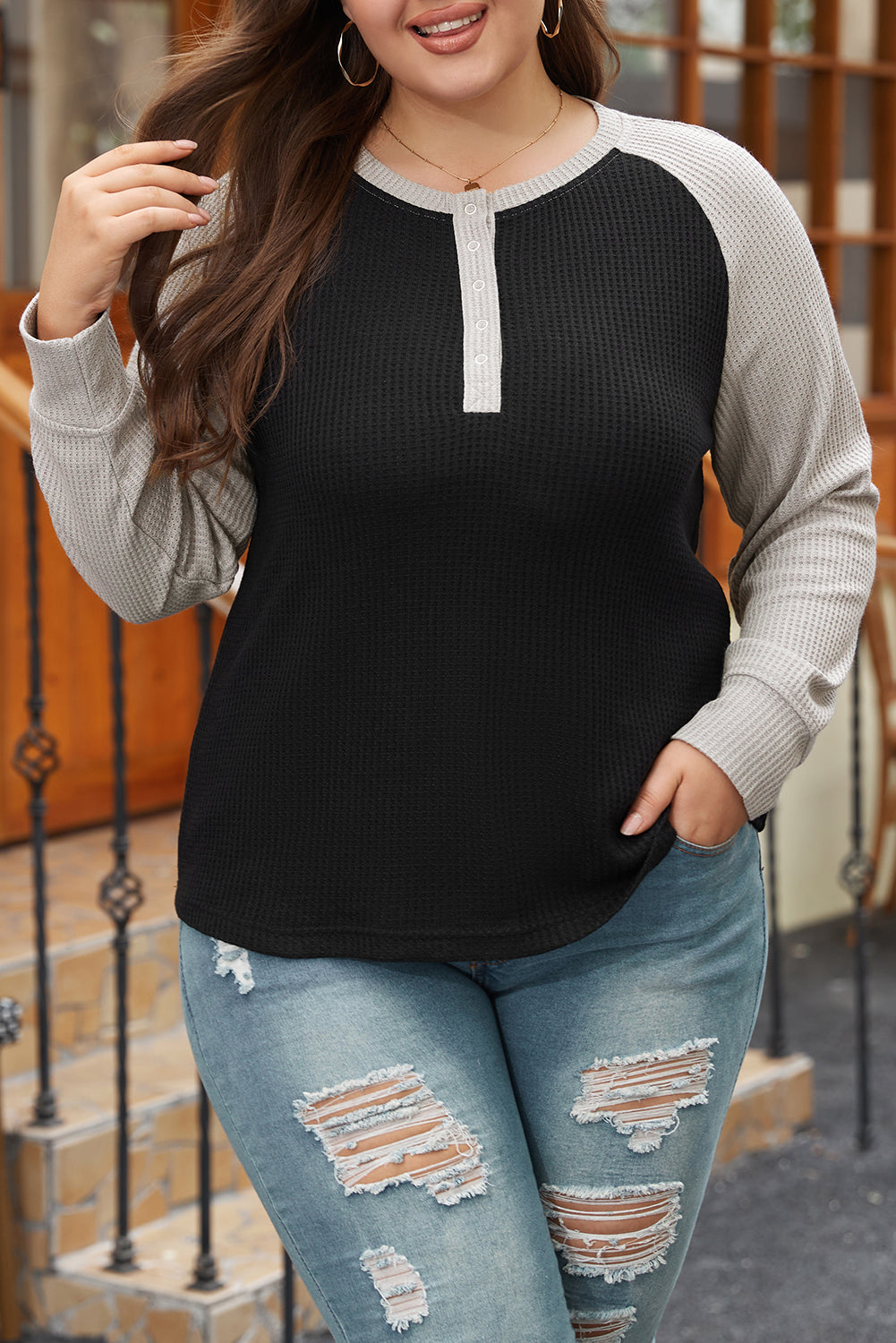 Plus Size Waffle Knit Buttoned Henley Top