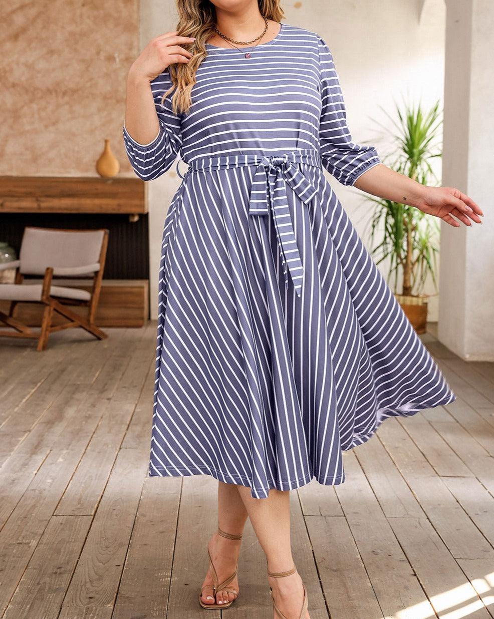 Stripe Belted Midi Dress Plus Size