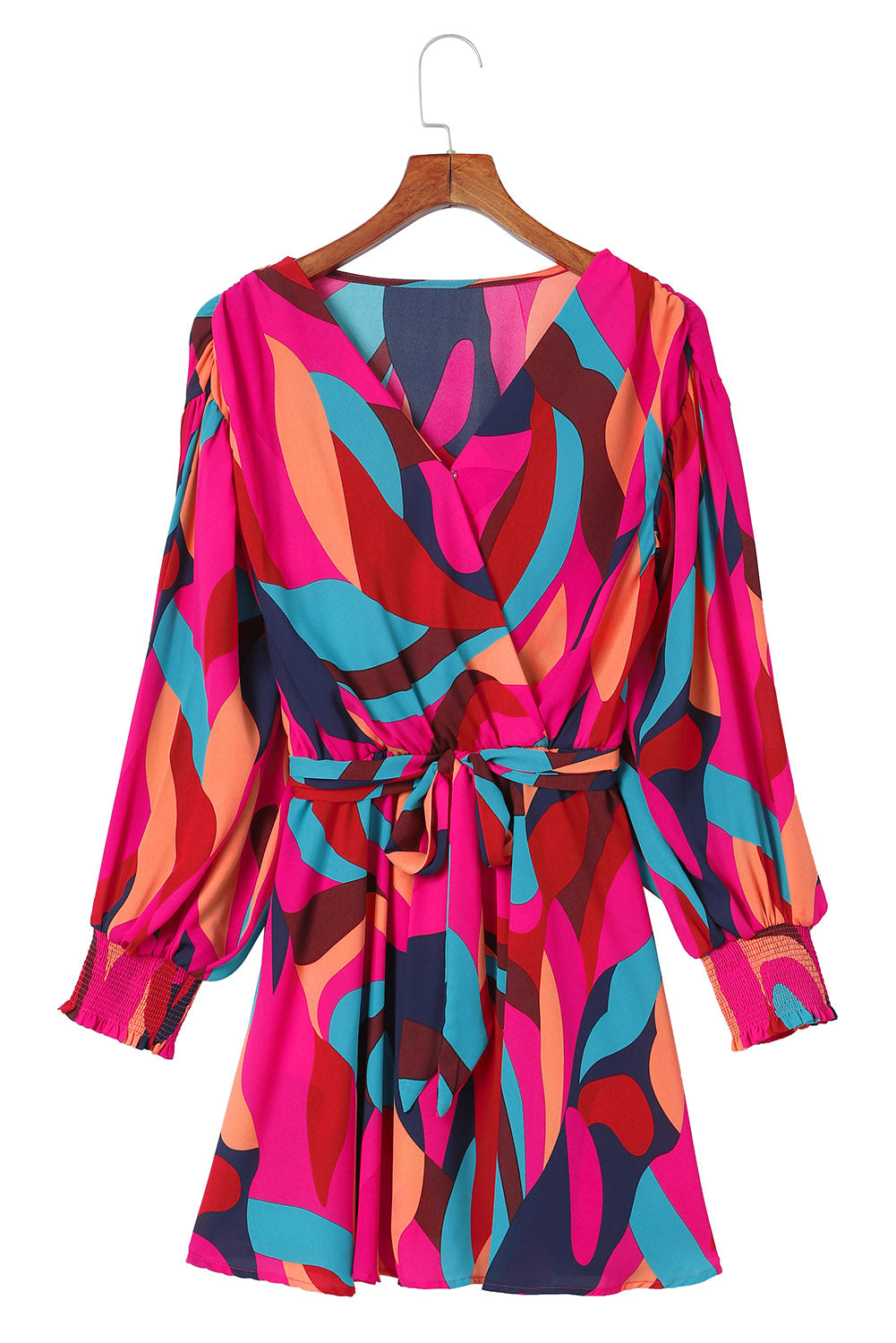 Abstract Belted Puff Sleeve Dress