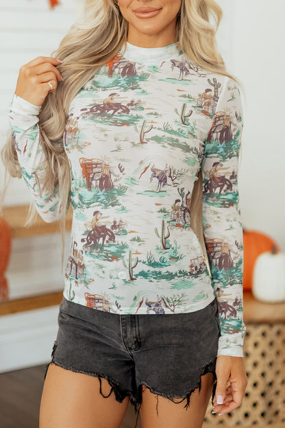 Western Long Sleeve Round Neck Slim Top