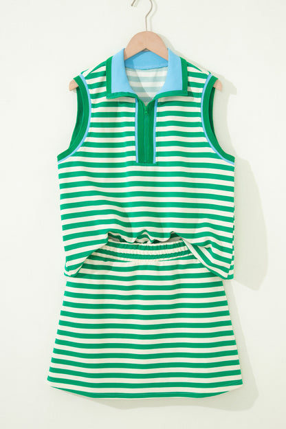 Stripe Textured Zip Collar Top & Skort Set