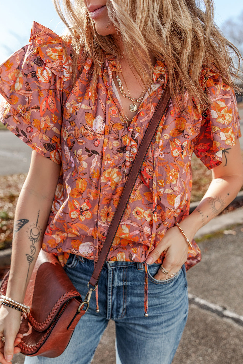 Floral Ruffle Flutter Sleeve Blouse