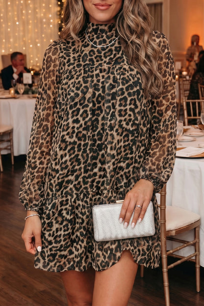 Leopard Long Sleeve Shift Mini Dress