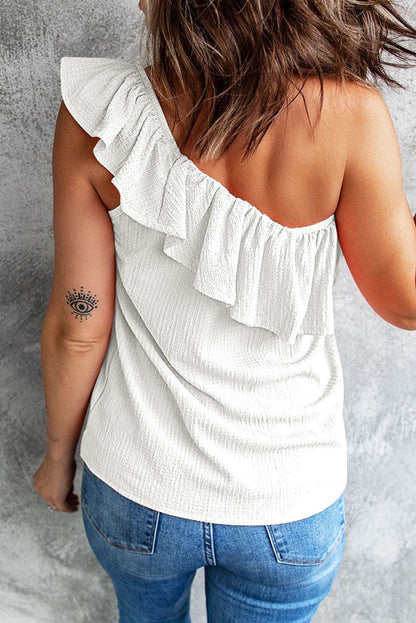 Crinkle Ruffle One Shoulder Tank