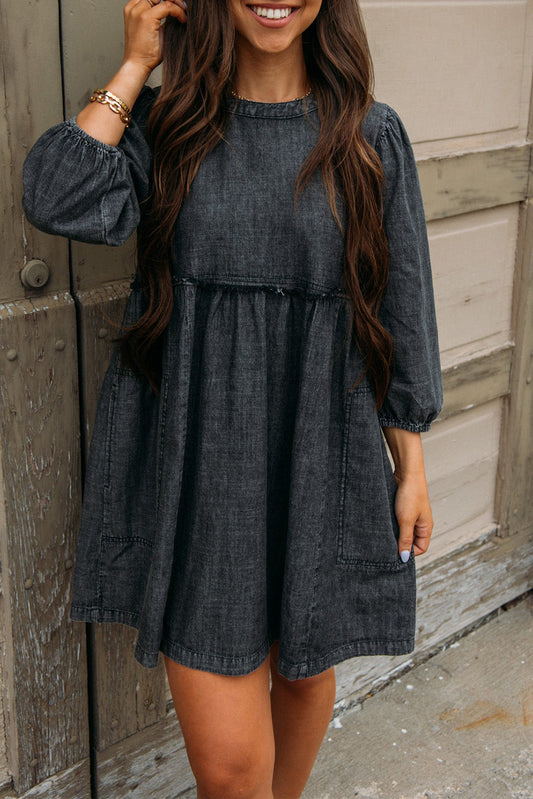 Denim Chambray Puff Sleeve Dress